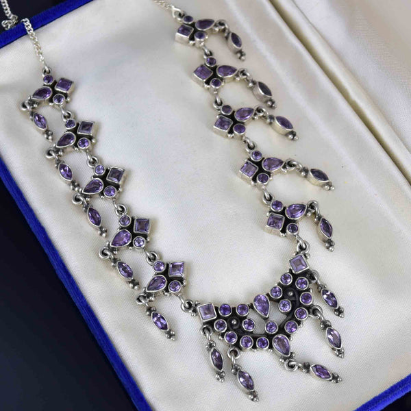 Vintage Art Deco Style Silver Amethyst Waterfall Bib Necklace - Boylerpf