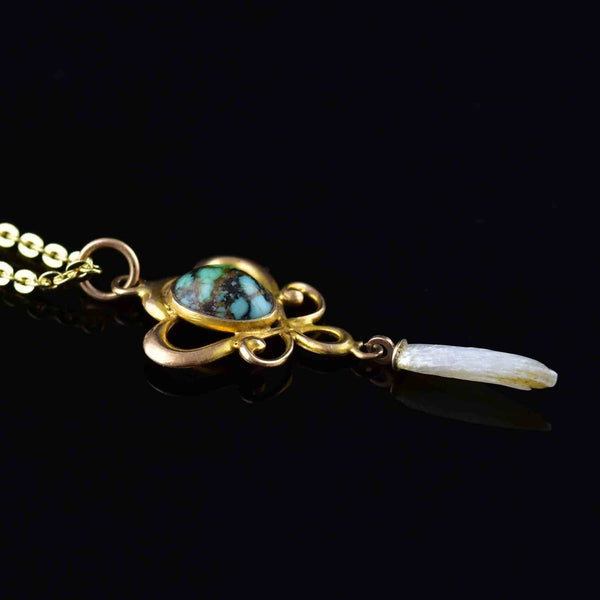 10K Gold Turquoise Pearl Art Nouveau Lavaliere Necklace - Boylerpf