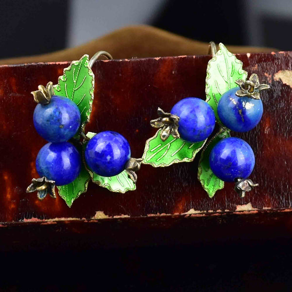 Vintage Sterling Silver Lapis Lazuli Blueberry Enamel Earrings - Boylerpf