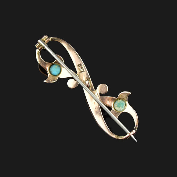 Antique Gold Turquoise Seed Pearl Figure 8 Brooch - Boylerpf