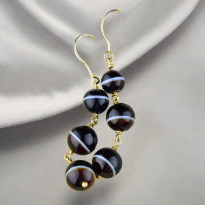 Vintage 14K Gold Banded Agate Ball Drop Earrings - Boylerpf