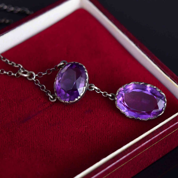 Antique Edwardian Silver 5.5 CTW Amethyst Drop Pendant Necklace - Boylerpf