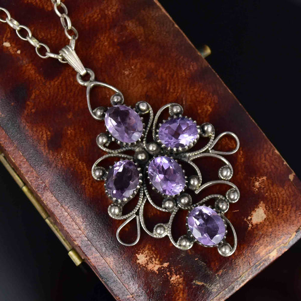 Vintage Sterling Silver Amethyst Scroll Pendant Necklace - Boylerpf