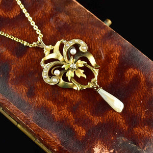 Antique Diamond Pearl 10K Gold Floral Lavalier Necklace | Boylerpf