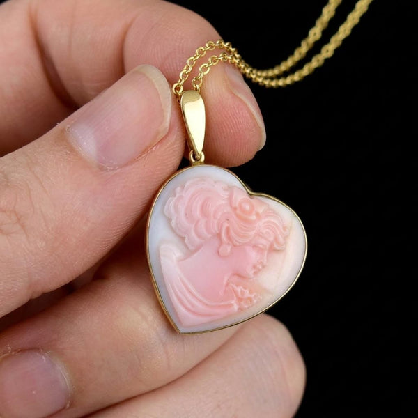 14K Gold Pink Shell Cameo Heart Enhancer Pendant Necklace
