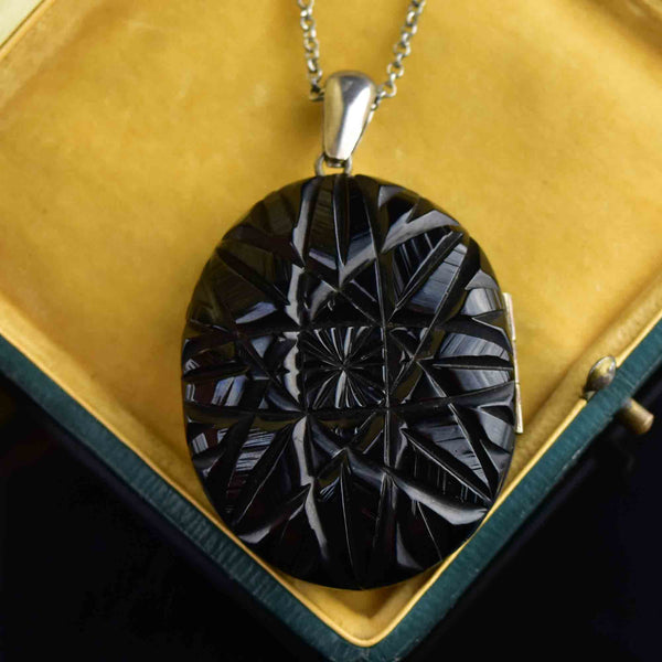 Antique Victorian Carved Whitby Jet Starburst Locket Necklace - Boylerpf