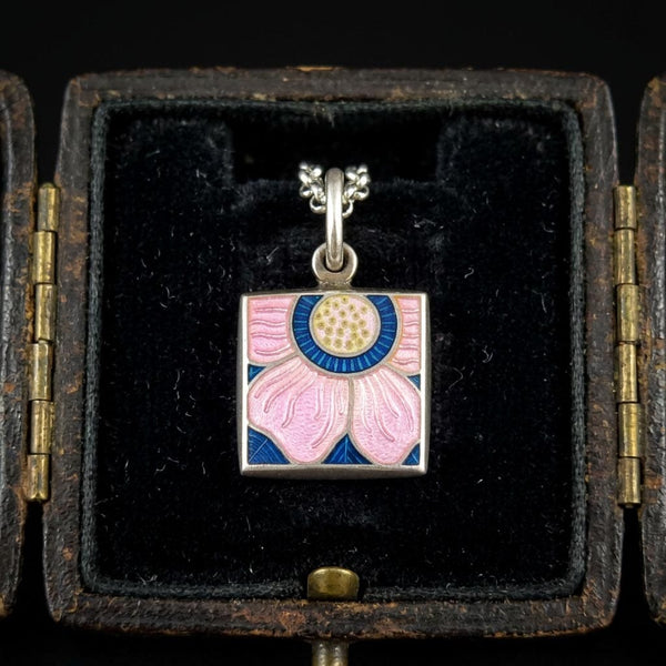 Sterling Silver Arts & Crafts Enamel Lotus Flower Necklace