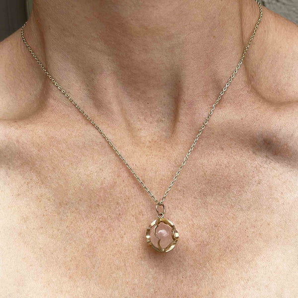 Vintage 9K Gold Rose Quartz Ball Pendant Necklace - Boylerpf