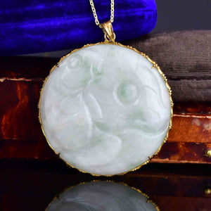 Vintage Massive 14K Gold Bamboo Frame Jade Pendant Necklace - Boylerpf