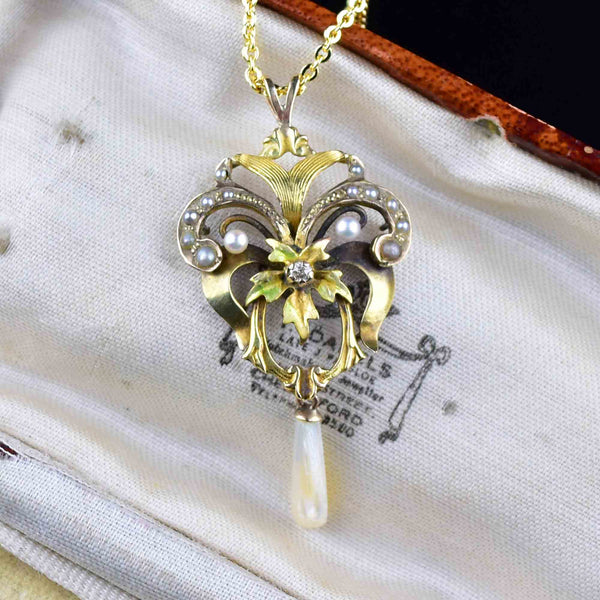 Antique Diamond Pearl 10K Gold Floral Lavalier Necklace - Boylerpf