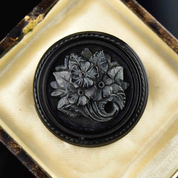 Antique Carved Whitby Jet Forget Me Not Locket Brooch - Boylerpf