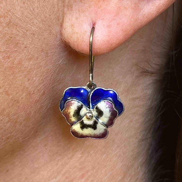 Vintage Art Nouveau Style Enamel Pansy Drop Earrings - Boylerpf