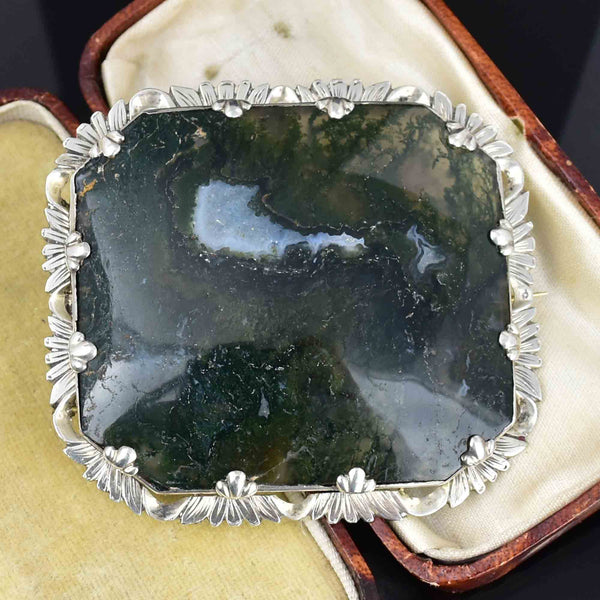 Antique Large Silver Picture Moss Agate Brooch - Boylerpf