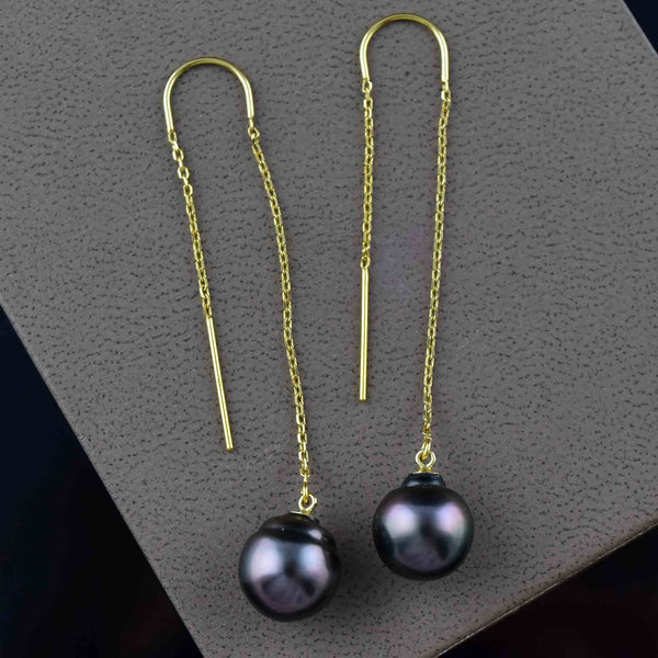 Vintage 14K Gold Black Pearl Threader Earrings - Boylerpf