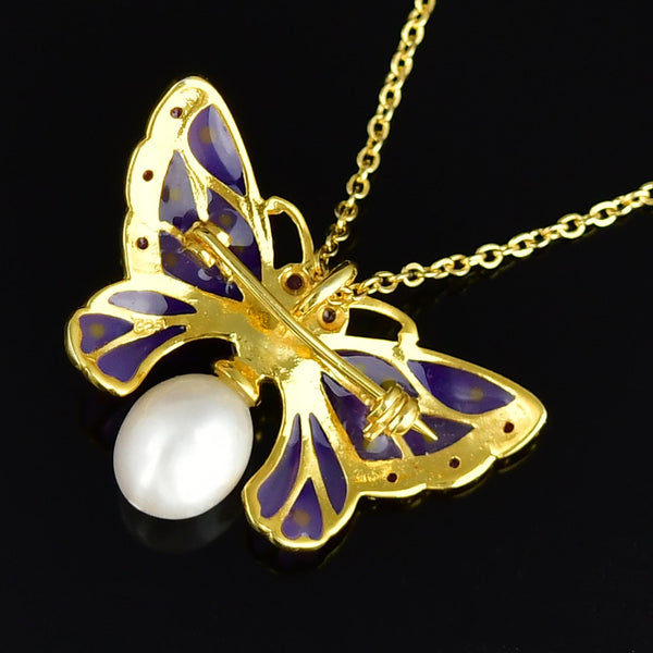 Plique a Jour Enamel Pearl Ruby Butterfly Brooch Pendant