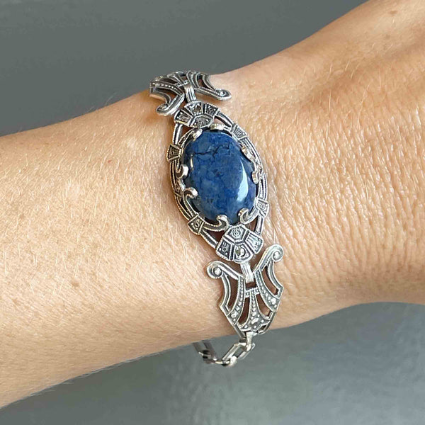 Vintage Art Deco Silver Lapis Lazuli Marcasite Chain Bracelet - Boylerpf
