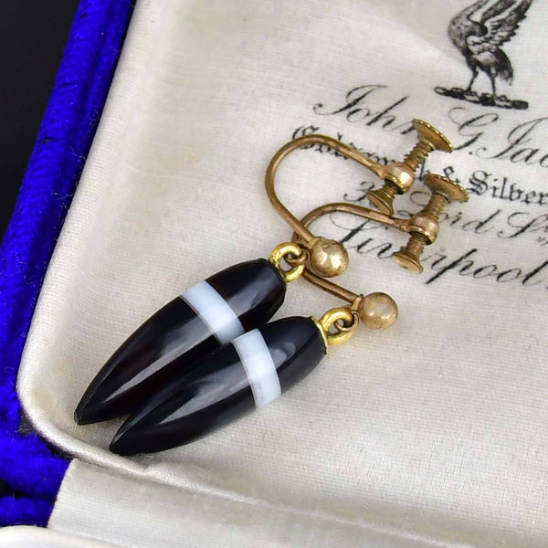 Antique Gold Banded Agate Screw Back Drop Earrings - Boylerpf
