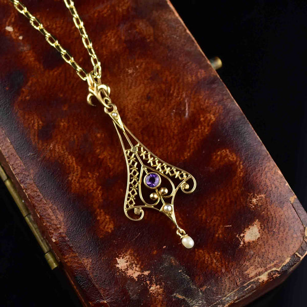 14K Gold Pearl Amethyst Lavalier Pendant Necklace - Boylerpf