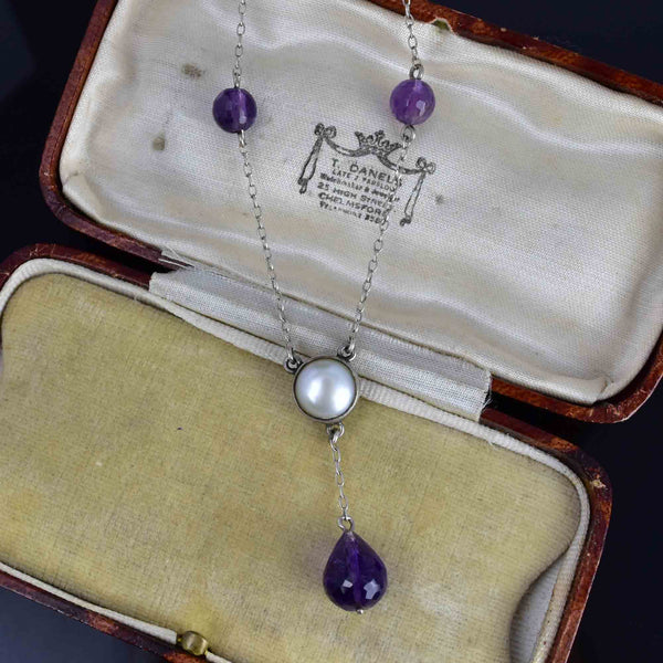 Antique Silver Amethyst Pearl Drop Pendant Necklace - Boylerpf