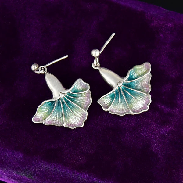 Antique Sterling Silver Enamel Ginkgo Leaf Earrings - Boylerpf