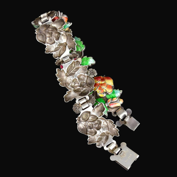 Antique Floral Enamel Sterling Silver Bracelet