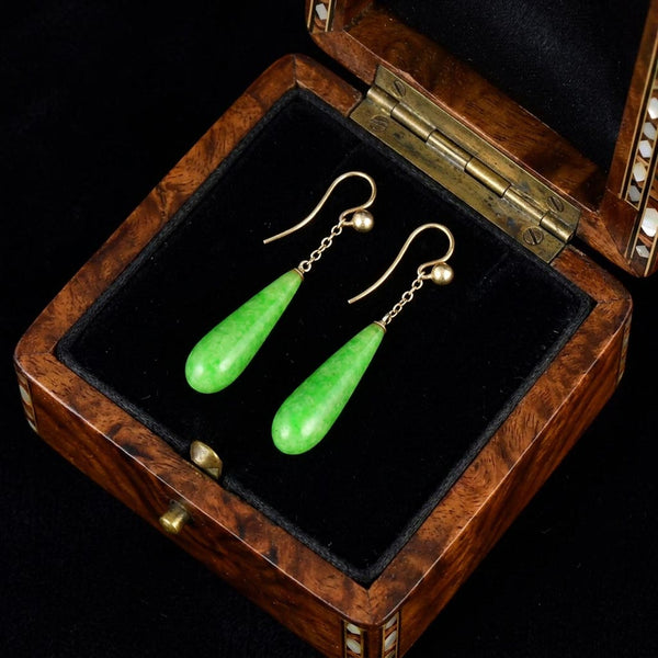 Antique Jade Teardrop Earrings in 9K Gold