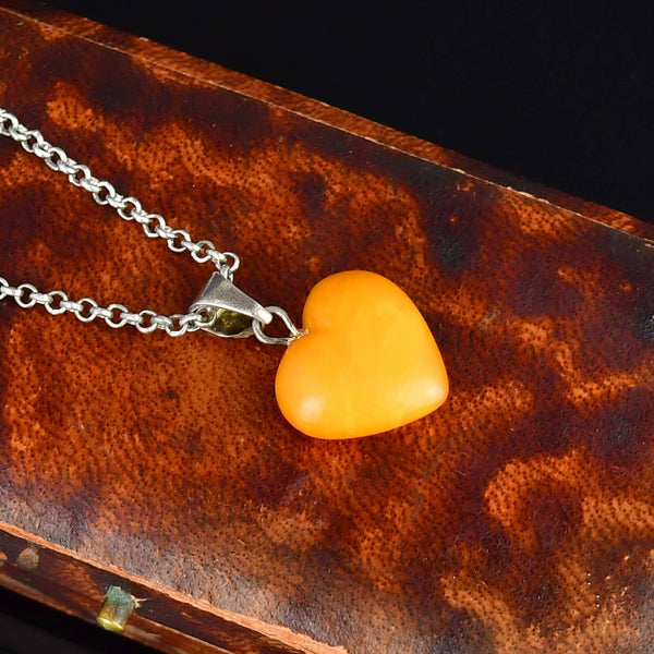 Vintage Sterling Silver Butterscotch Amber Heart Charm Necklace - Boylerpf