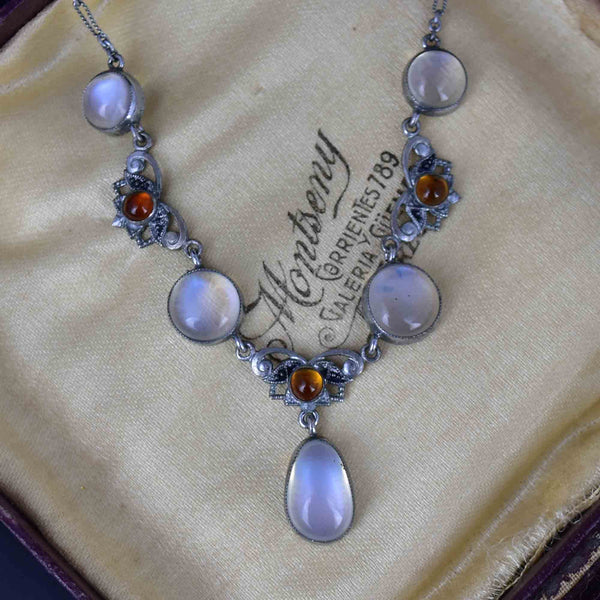 Vintage Silver Citrine Moonstone Pendant Drop Necklace - Boylerpf