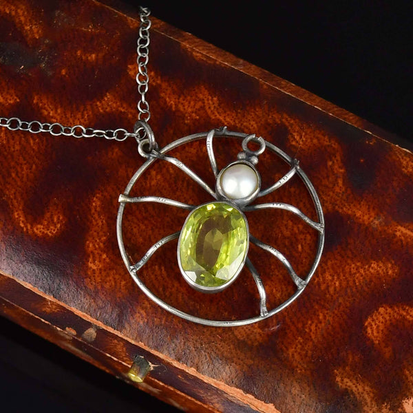 Antique Sterling Silver Peridot Pearl Spider Necklace