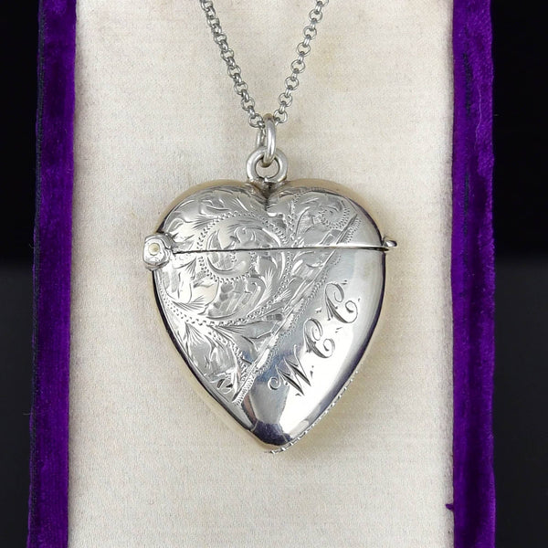 Antique Victorian Silver Puffy Heart Vesta Locket Pendant