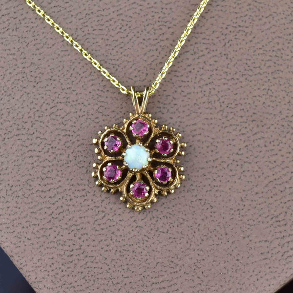 9K Gold Ruby Opal Floral Cluster Pendant Necklace - Boylerpf
