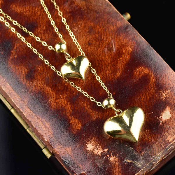 Vintage 10K Gold Double Puffy Heart Charm Necklace - Boylerpf