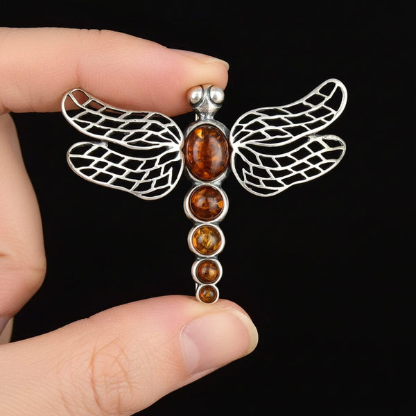 Vintage Amber Dragonfly Sterling Silver Brooch
