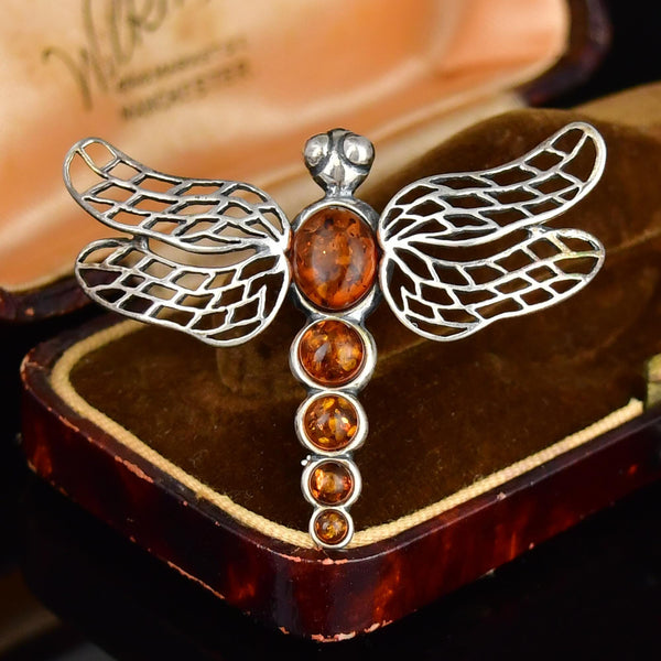 Vintage Amber Dragonfly Sterling Silver Brooch