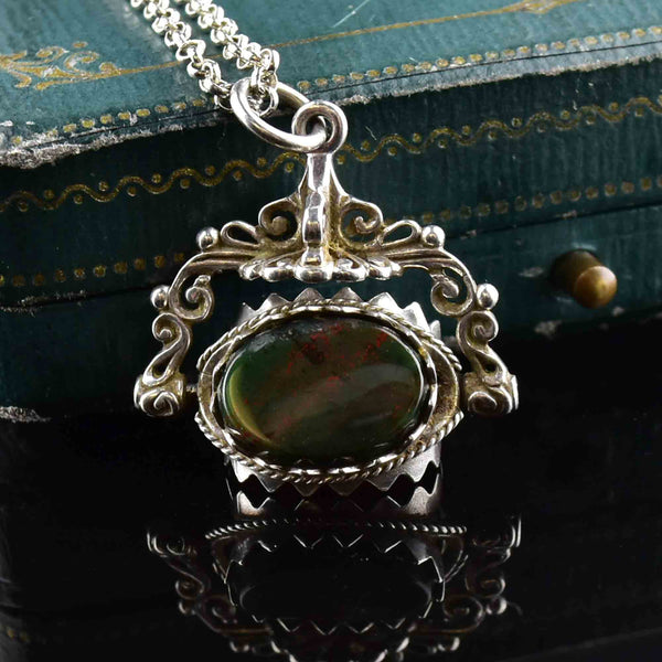 Vintage Silver Bloodstone Carnelian Spinner Watch Fob Necklace - Boylerpf