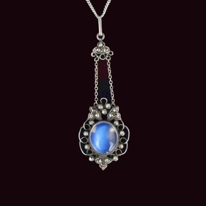 Silver Art Deco Marcasite Moonstone Cabochon Pendant Necklace - Boylerpf