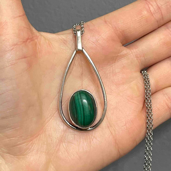 Vintage Sterling Silver Malachite Pendant Necklace - Boylerpf