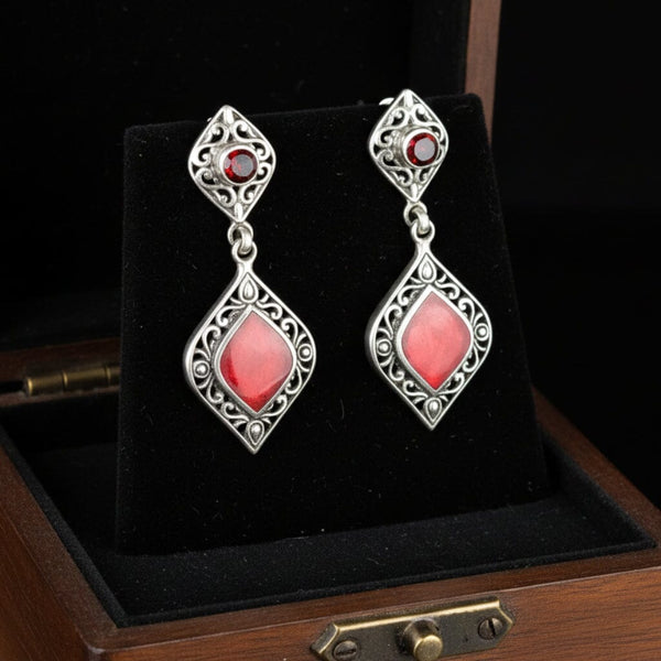 Vintage Sterling Silver Jasper Garnet Drop Earrings