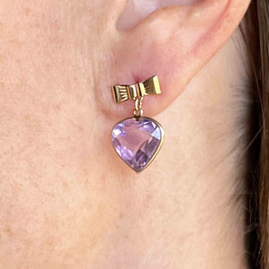 Vintage 14K Gold Bow Amethyst Heart Stud Drop Earrings - Boylerpf