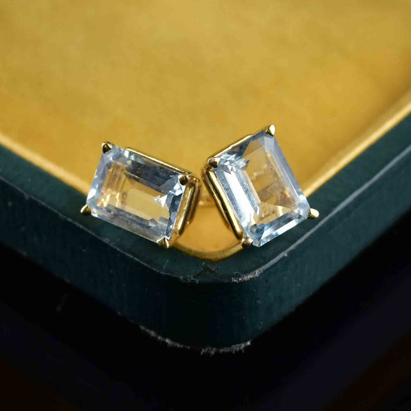 14K Gold Emerald Step Cut Blue Topaz Stud Earrings - Boylerpf