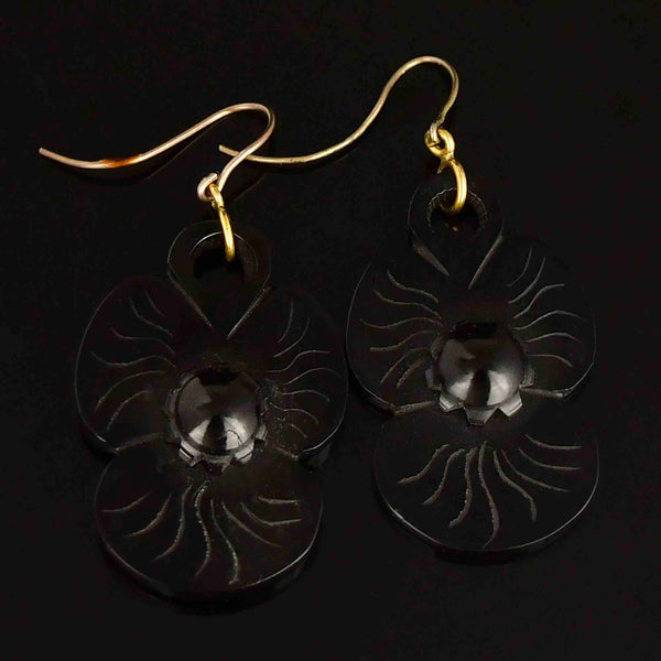 Antique Victorian Carved Whitby Jet Pansy Flower Earrings - Boylerpf