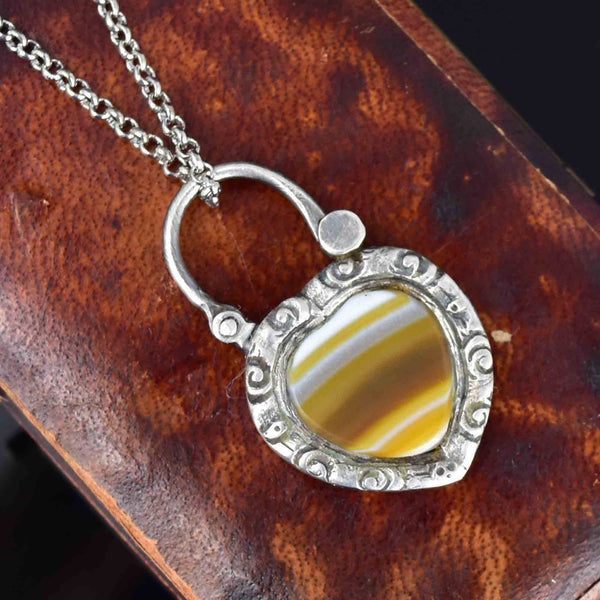 Vintage Engraved Silver Scottish Agate Heart Padlock Necklace - Boylerpf