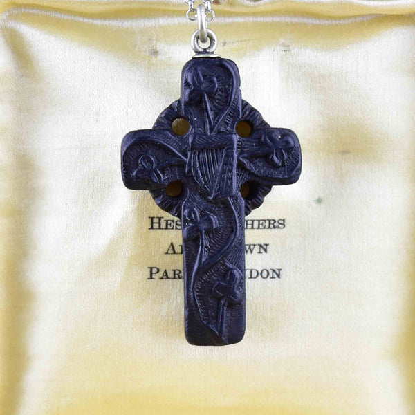 Vintage Irish Bog Oak Celtic Cross Pendant Necklace - Boylerpf