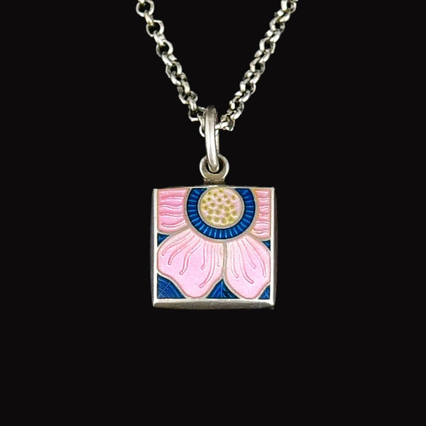 Sterling Silver Arts & Crafts Enamel Lotus Flower Necklace