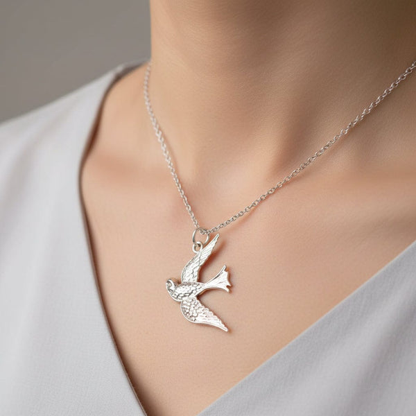 Detailed Swallow Bird Pendant Necklace in Solid Sterling Silver - Boylerpf