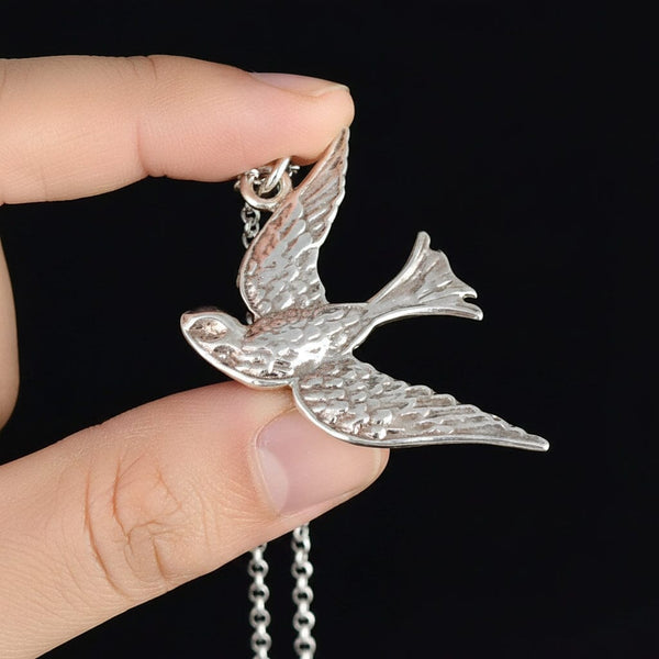 Detailed Swallow Bird Pendant Necklace in Solid Sterling Silver - Boylerpf