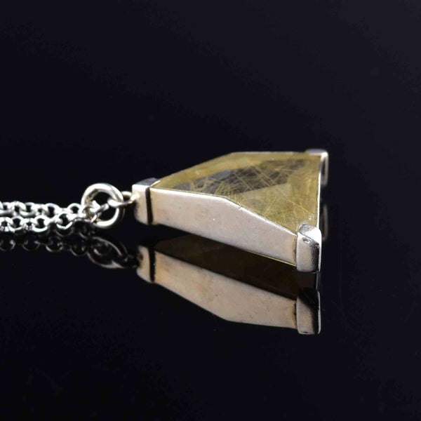 Vintage Silver Geometric Rutilated Quartz Pendant Necklace - Boylerpf