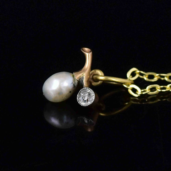 Antique Edwardian 14K Gold Diamond Pearl Charm Pendant Necklace - Boylerpf