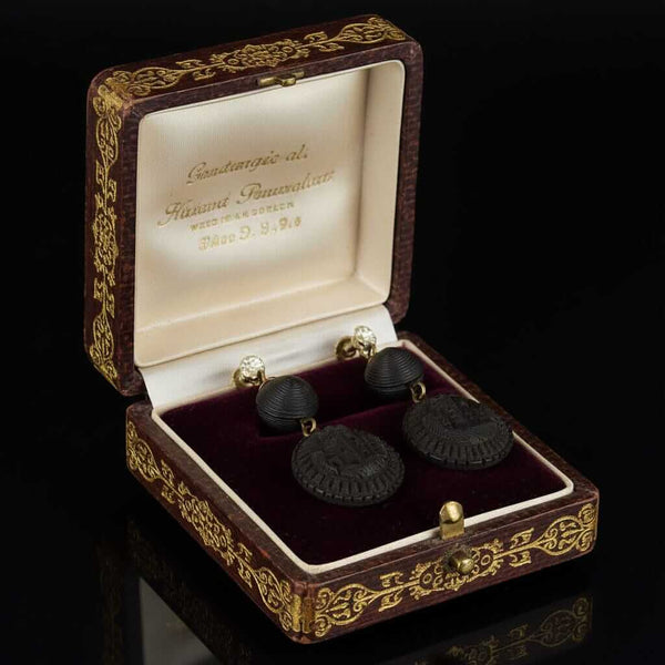 Antique Victorian Irish Bog Oak Castle Earrings - Boylerpf