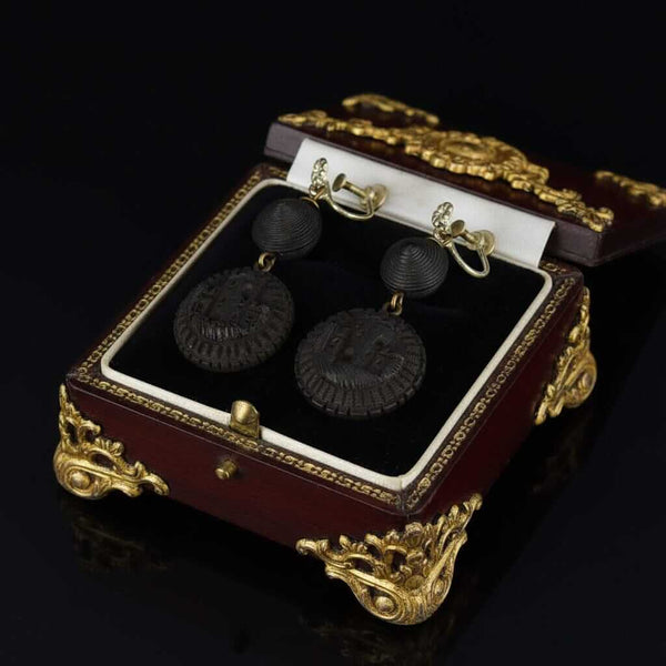 Antique Victorian Irish Bog Oak Castle Earrings - Boylerpf